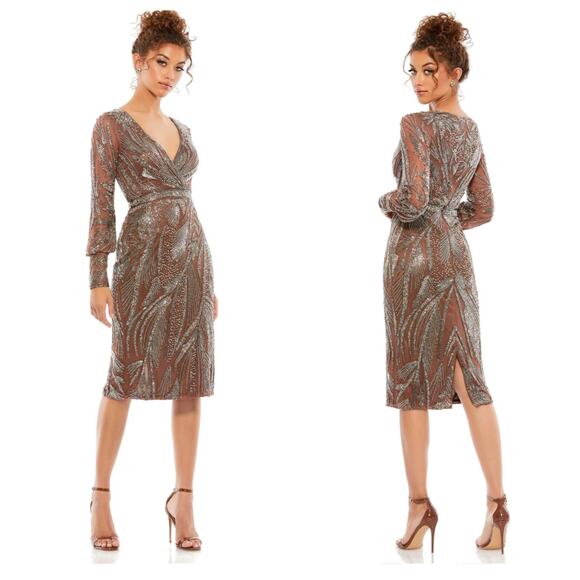 Mac Duggal Beaded Long Sleeve Wrap Over Midi Dress Mocha Brown Size 8 NWT